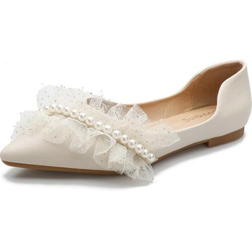 Womens Flat Shoes 2021 Flat Bottom Large Size Pointed Toe Single Shoes Soft Sole Temperament Girl Lace Up Pearl Soft 41-43