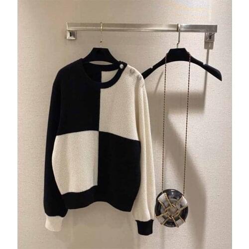 Cashmere Women 2021 Autumn Sweater Black White Patchwork Long Sleeve Shoulder Buttons Pullover Runway Knitted Jumper