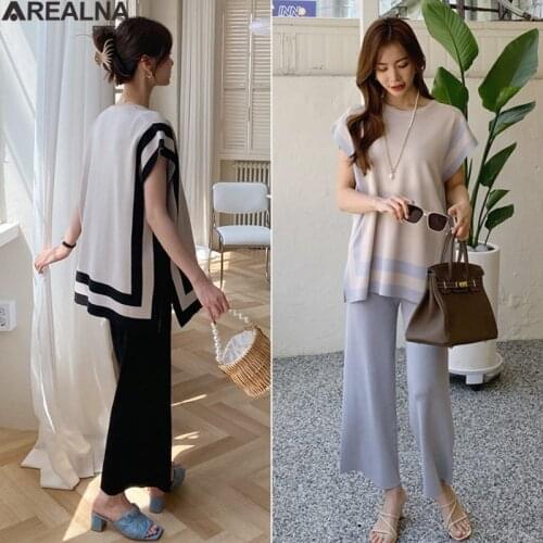 2021 Fashion summer Womens Ice silk thin Knitted sleeveless Pullover Two-Piece pant Suits +High Waist Loose Wide Leg Pants Set