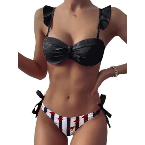 Womens 2Pcs Bathing Suit Ruffle Sleeve Tie Knot Crop Tops Striped Bikini Bottom Set Swimsuit