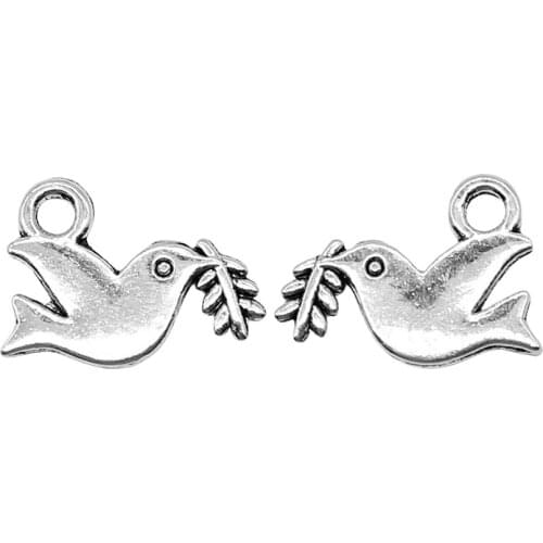 20pcs/lot 13x16mm Pigeon Olive Branch Charms Pendant For Jewelry Making Antique Silver Color Alloy Jewelry Accessories