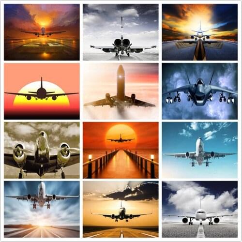 Diy 5D Full Round Square Drill Diamond Painting Aircraft Sunset Landscape Diamond Embroidery Cross Stitch Mosaic Home Decor