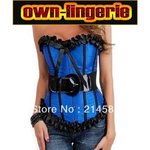 Free Shipping three corset in blue, white,pink sexy overbust bustier with ruffle and belt corset top w3056