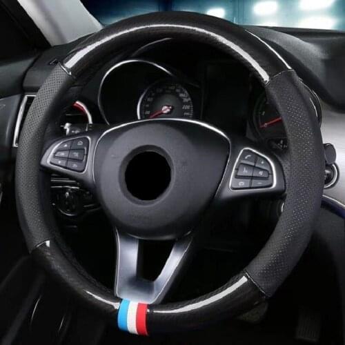 38CM Carbon Fiber Leather Matching Sports Hand-sewn Steering Wheel Cover Universal Car Handle Non-slip Wear Braid Wheel Covers