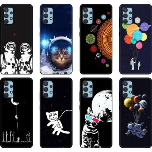 Black tpu Case For Samsung galaxy A32 A42 A52 A72 4g 5g S21 PLUS ultra back cover Space Love Moon Astronaut Cat