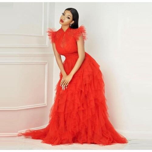 Elegant Red Tulle Dresses Girls Tulle Robes Tiered Ruffles Plus Size Party Gowns Aso Ebi Tulle Dress Plus Size Fluffy