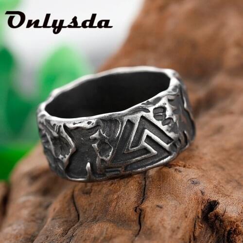 Gothic Style Viking Men Wolves of Odin Valknut Forging Stainless Steel Ring Pagan Nordic Amulet Biker Jewelry