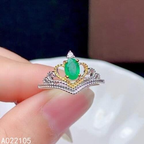 KJJEAXCMY fine jewelry 925 sterling silver inlaid natural emerald women luxury vintage crown adjustable gem ring support detecti