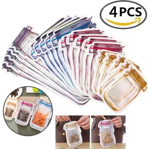 4Pcs Reusable Mason Jar Bottles Bags Nuts Candy Cookies Bag Waterproof Seal Fresh Food Storage Bag Snacks Kitchen Organizer Bags