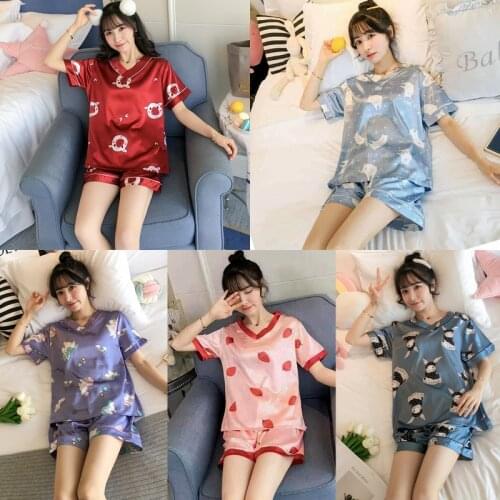 2021 Summer New Summer Women Faux Silk Pajamas Set Simple Pure Color Leisure Nightwear Short Sleeves Sleepwear