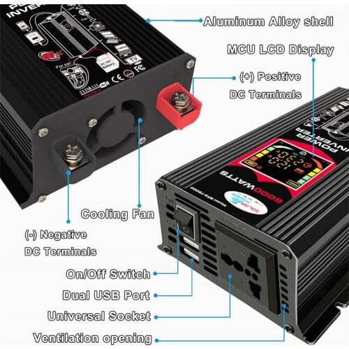 New Car Conversion Inverter LED Display Dual USB Black 6000W 4000W 3000W Inverter 12V-220V Multiple Protection