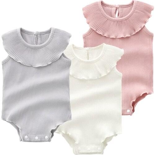 Infant Baby Summer Pits Climbing Clothes 2019 New Born Baby Girls Sleeveless Bag Fart Pink Lotus Leaf Collar Bodysuit Pajamas