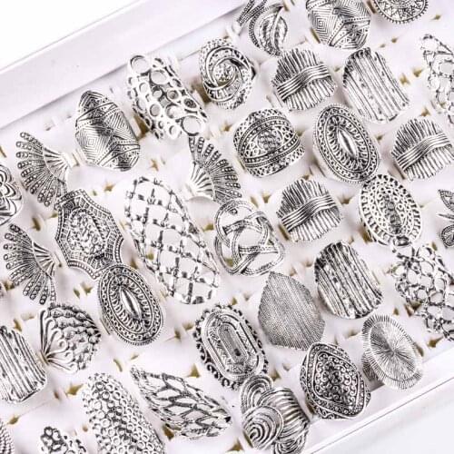 Wholesale 20pcs/Lots Vintage Mix Style Carved Flower Silver Plated Party Jewelry Rings For Women Size 17mm to 21mm
