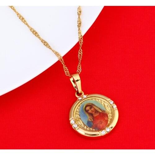 Gold Color Virgin Mary Necklace Women Religious Prayer Necklaces Pendants Jewelry With Rhinestone