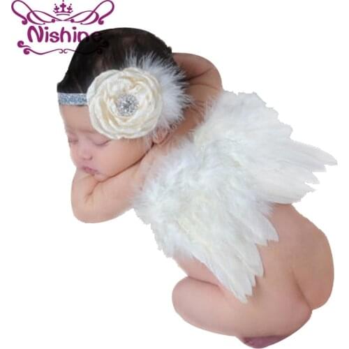 Nishine Newborn Angel Wings Feather Flowers Rhinestone Headband Costume HairBand Accessories Newborns Photography Props
