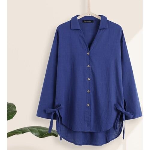 ZANZEA Spring Shirt Elegant Women Blouse Casual Cotton Linen Blusas Loose Buttons Tunic Female V neck Long Sleeve Lace Up Tops