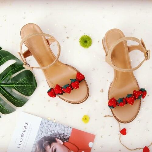 Korean summer sweet girl strawberry burlap cute open toe loli sandals chunky heel sweet Strawberry sandal