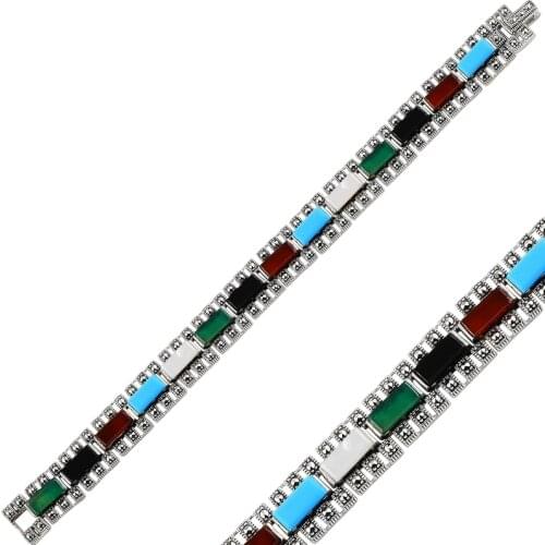 Silver 925 Sterling Mixed Natural Stone & Marcasite Bracelet