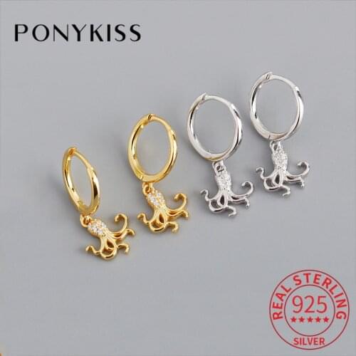 PONYKISS Real 925 Sterling Silver Octopus Zircon Hoop Earrings Summer Beach Party Fashion Earrings Delicate Accessory Cute Gift