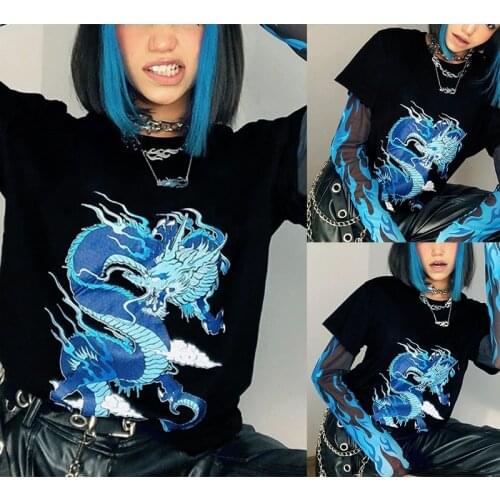 Mesh Pactchwork T Shirt Dragon Print Pullovers Flame Hip Hop Crop Top Long Sleeve Y2K Top Fall Winter Streetwear