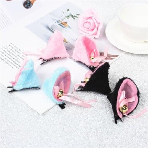 Cat Ears With Bell Hair Clip Cosplay Party Fox Long Fur Costume Hair Clip Halloween Gift Hair Accessory White 4 Colors