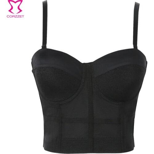 Corzzet Sexy Black Cotton&Mesh Strap Racer Bustiers Clubwear Party Crop Bra Corset Top for Women Dance Bras