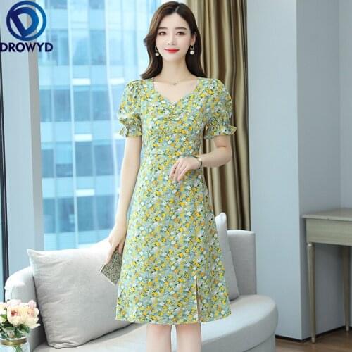 Plus Size Summer Floral Chiffon Midi Dress 2021 Vintage Korean Sweet Women Party Vestidos Casual Sexy V-Neck Boho Beach Sundress