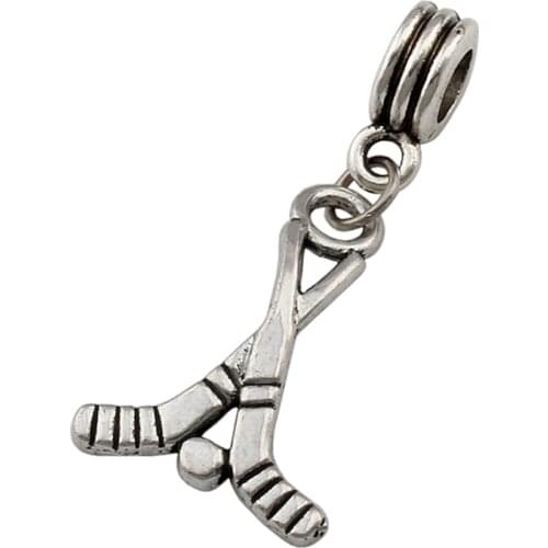 MIC .10pcs/lot Zinc Alloy Hockey Sticks Sports Charm Big Hole Beads Fit European Charm Bracelet Jewelry 16.5x36mm