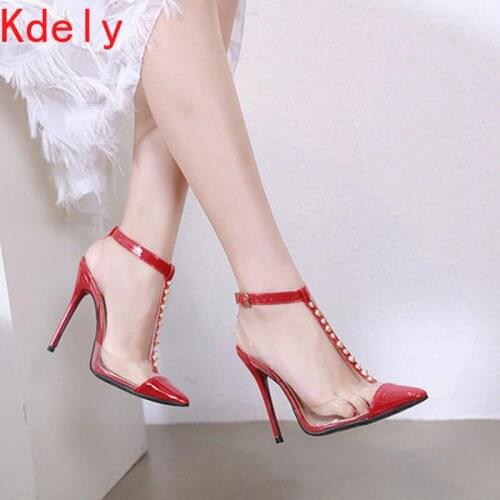 2021New Style Concise PU Gladiator Sexy Sandals Womens Shoes Transparent Thin High Heel Sandals Rivet Red Black Apricot Sandals