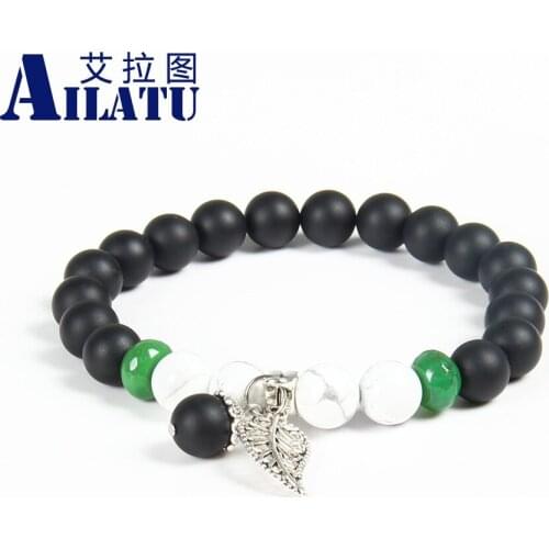 Ailatu Unisex Couples Jewelry 10pcs/lot 8mm White Howlite & Matte Onyx Stone Fruit Leaf Distance Lover Lucky Bracelets