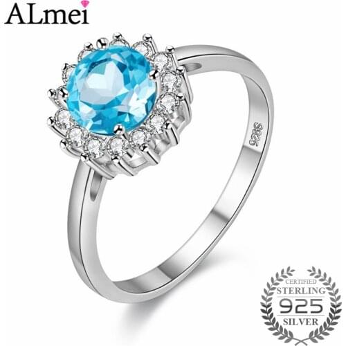 Almei Blue Sunflower Topaz Original 925 Sterling Silver Fine Jewelry Wedding Rings for Women Christmas Gifts with Box 40% FJ041