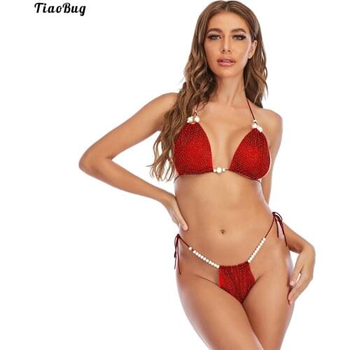 TiaoBug Summer Women Bikini Set Swimwear Artificial Pearl Decor Lace-Up Bathing Suit Halter Unlined Bra With Low Rise T-Back