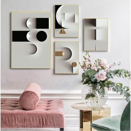 Minimalist abstract line Black White Wall Art Canvas Painting Geometric Round Poster Print Wall Picture for Living Room Decor