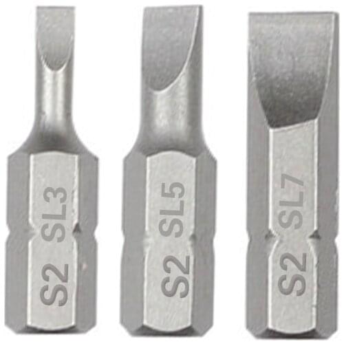 1 Inch SL3 SL5 SL7 Slotted Screwdriver Bit Set S2 Steel 1/4 Inch 6.35mm Hex Shank Electric Screwdriver Bits For Power Tools