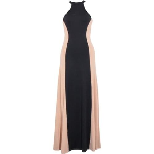PERHAPS U Black Khaki Patchwork Sleeveless Halter A Line Sexy Maxi Long Dress D0712