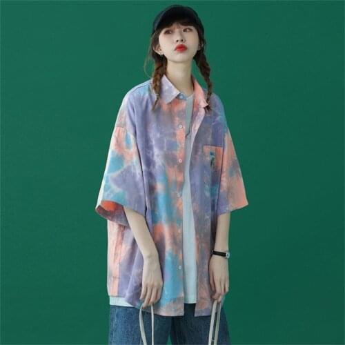 Oversized Shirt Vintage Clothes Mujer Hip Hop Elegant Short Sleeve Tops Girl Tie-Dye Shirts Button Up Your Shirt Pastel Clothes