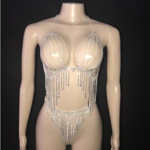 Silver Fringe Rhinestone Bra Short Prom Women Dance Team Outfit Set Birthday Chain Underwear Bikini Outfit Set
