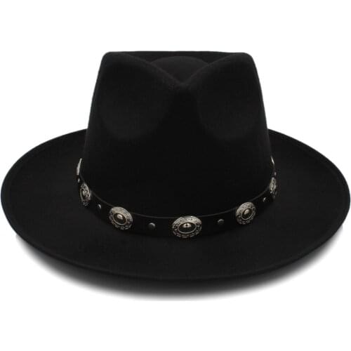 Women Men Felt Fedora HaT With Wide Brim Jazz Hat Gentleman Sombrero Panama Dad Hat Punk Belt Size 58CM
