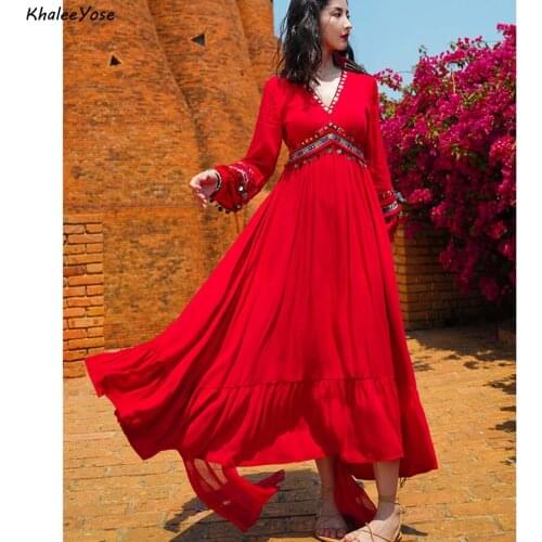 Khalee Yose Floral Embroidery Maxi Dress Red Vintage Chic Autumn Long Sleeve Dresses Women V-neck Ruffles Female Ladies Dress