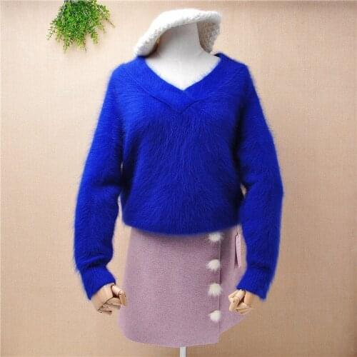YT066 ladies women fashion hairy fuzzy mink cashmere loose plus size v-neck blue pullover long sleeves jumper sweaters mujer