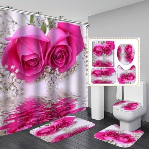 Valentines Day Rose Shower Curtain Waterproof Bathroom Curtains For Couples Set Non-Slip Rug Toilet Lid Cover And Bath Mat