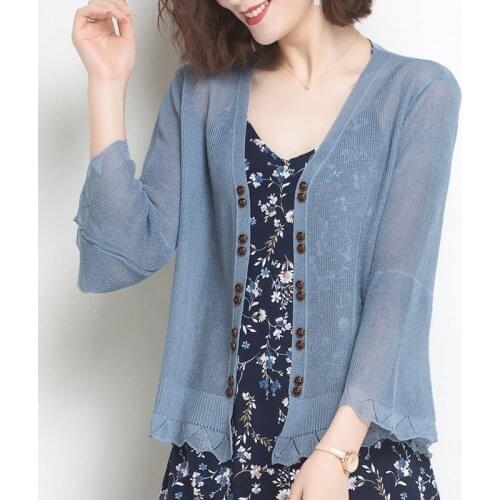Hollow Out V-Neck Ninth Flare Sleeve Summer Knitted Sunscreen Cardigan Women Thin Small Coat Open Stitch Elegant Knitwear Tops