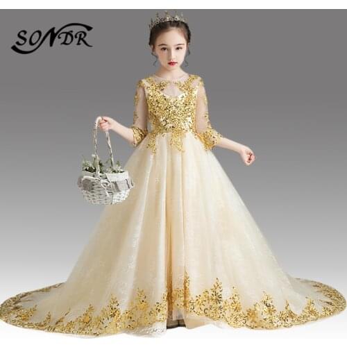 Champagne Flower Girl Dress For Weddings HT074 Elegant O-neck Long Floral Dresses Shining Sequin Girls Ball Gowns 2020