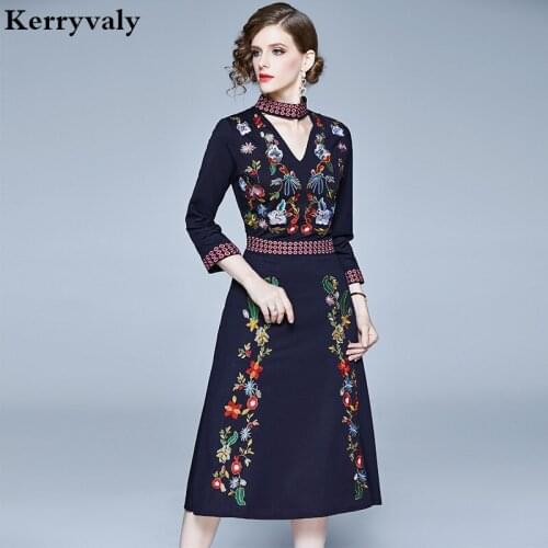 Autumn Retro Embroidery Floral Midi Party Dresses Moda Mujer 2021 Women Runway Oversized Dresses Vetement Femme K6588