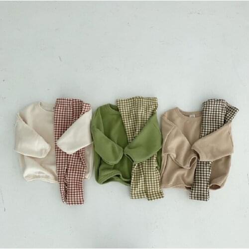 2021 Warm Korean Baby and Childrens Wear Pure Cotton Plush Casual Loose T-shirt Bottompants Two-piece Set