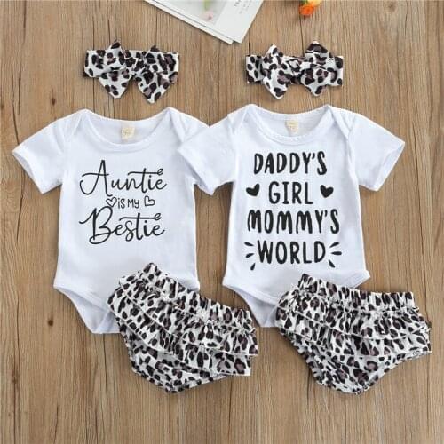 3Pcs Cute Girls Summer Outfits Short Sleeve Letter Print Romper + Leopard Bloomers + Headband Set Infant Girls Clothing Set