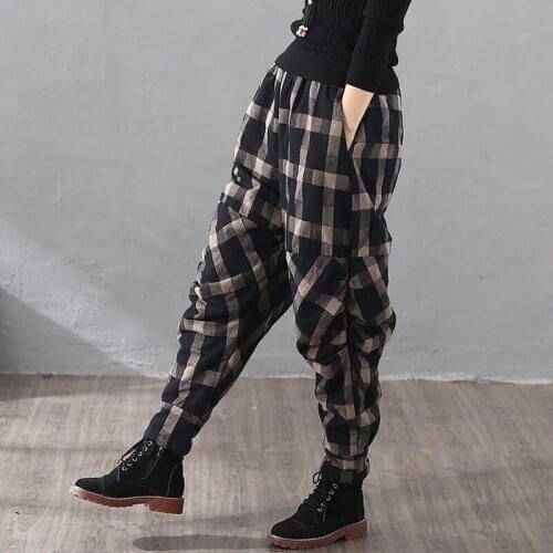 2021 Autumn Winter Plaid Pants Womens Harem Pants Capris High Waist Large Size Casual Loose Cotton Linen Trousers Women X618