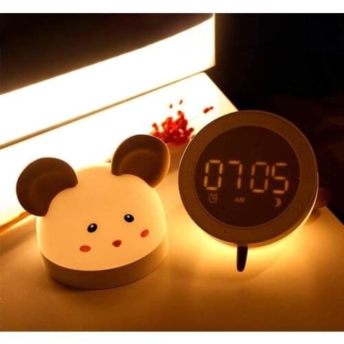 Digital Alarm Clock Silicone LED Electronic Clock Desktop Table Wall Clock Night Light White/Warm Lighting Cute Mouse Home Decor