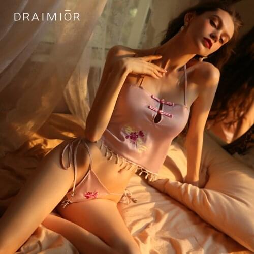 DRAIMIOR Sexy Chinese Style Embroidery Flowers Bellyband Lingerie Set See Through Chemises Erotic Tops Panties Underwear DR0191
