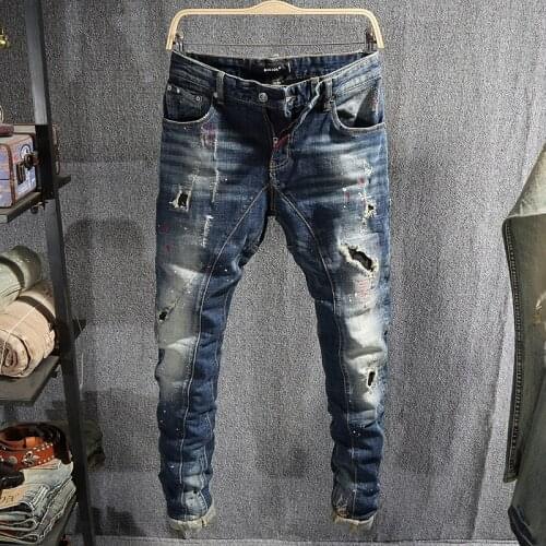 European Street Fashion Men Jeans Retro Blue Slim Fit Ripped Jeans Men Patchwork Embroidery Designer Hip Hop Denim Punk Pants